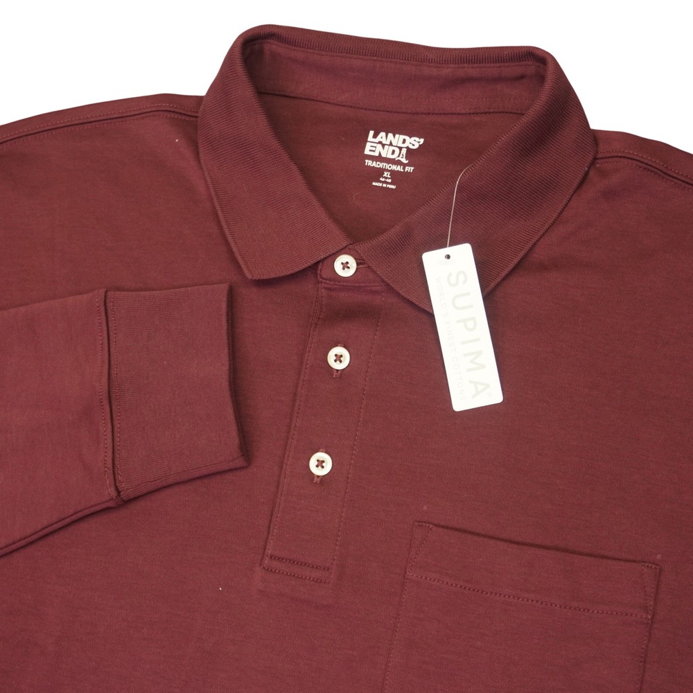 NEW Lands' End Polo Shirt Men XL‎ Burgundy Supima Cotton Long Sleeve Pocket
